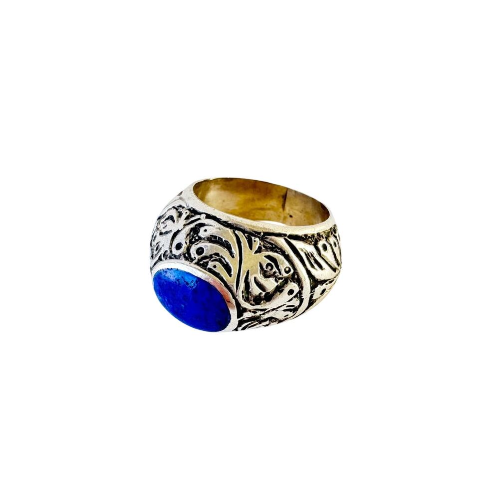 Old Silver Lapis Lazuli Islamic Script Intaglio Ring 1930's Unisex Sz 9.25 - 9.5